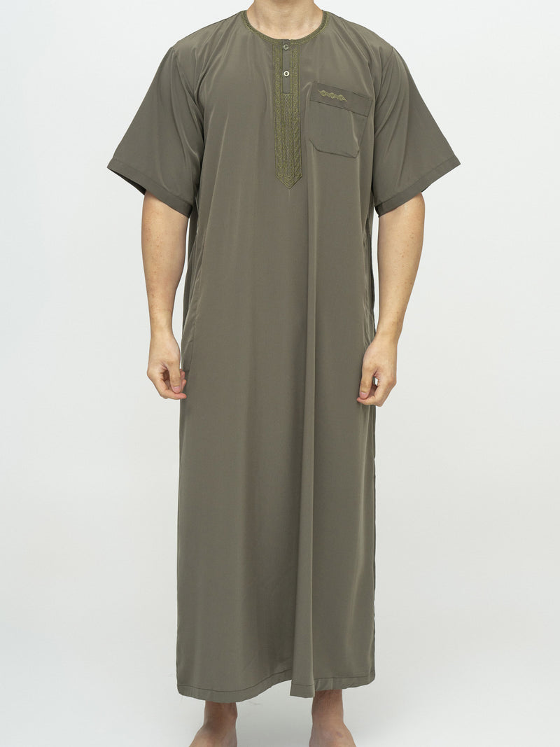 Khaki Moroccan Short Sleeve Thobe Premium - Al Emad