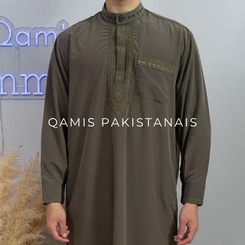 Qamis pakistanais kaki avec broderies