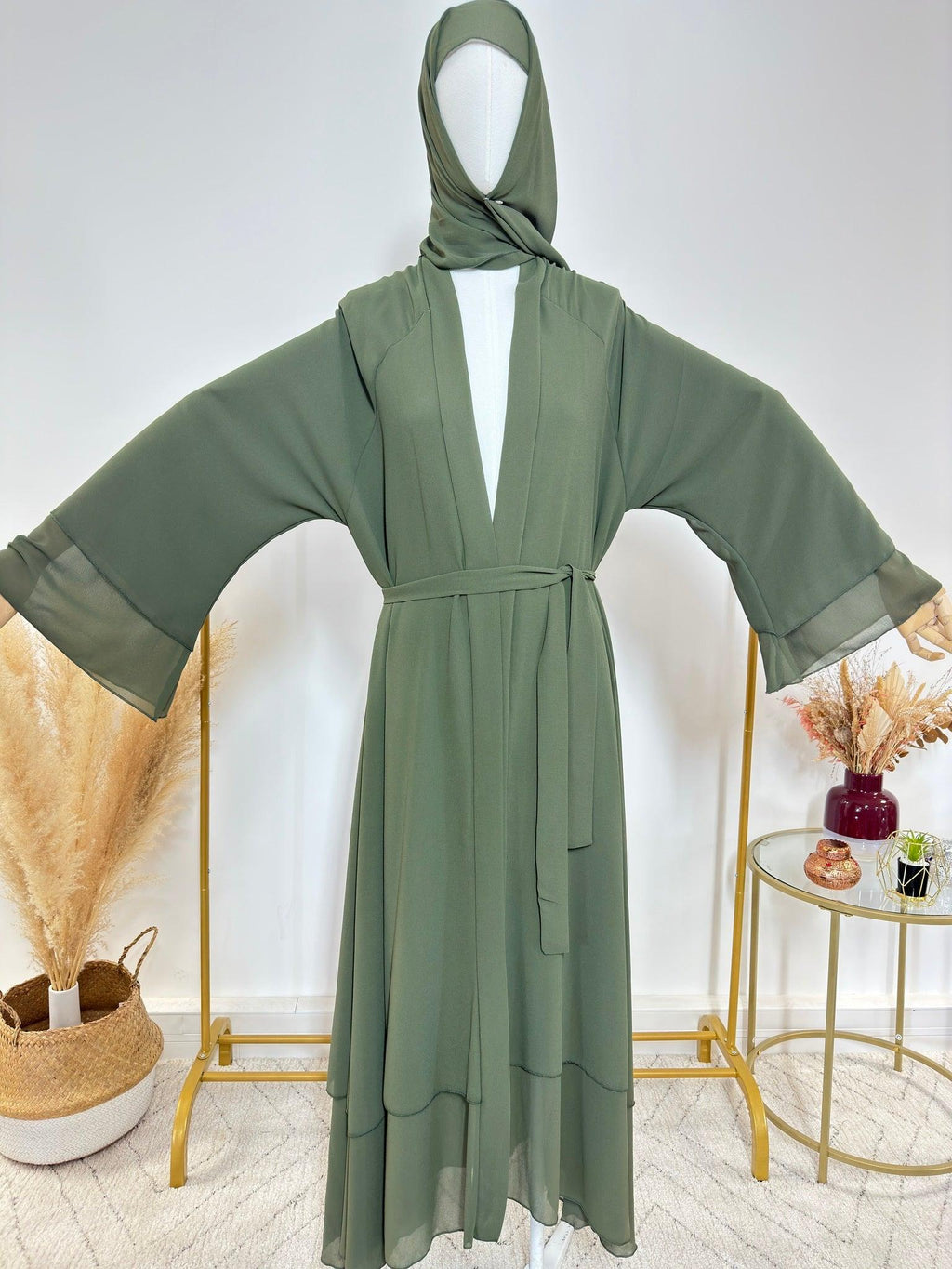 Abaya Kimono 1 pièce + Hijab Mousseline - Lyna - Kaki - My Qamis Homme