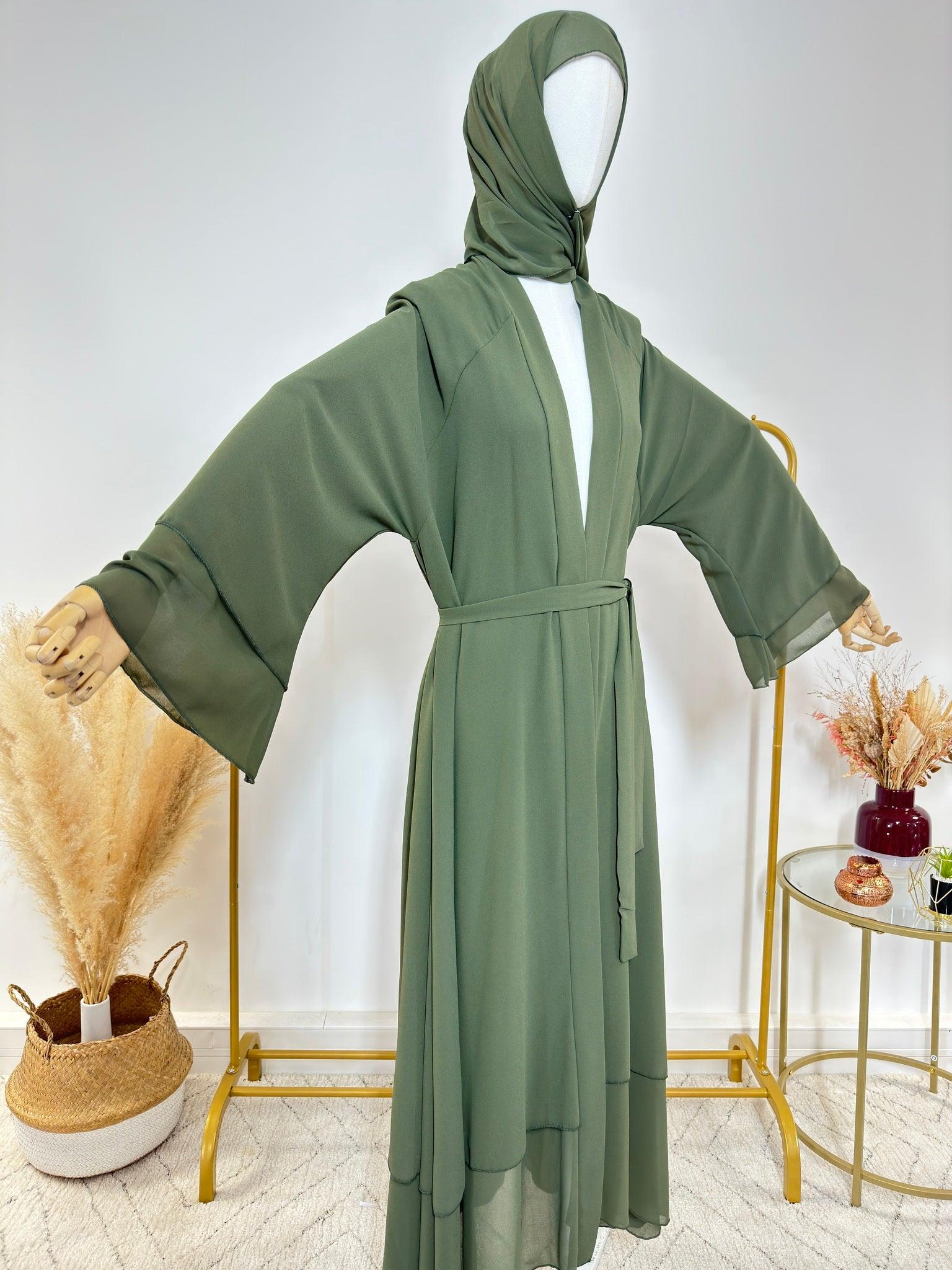 Abaya Kimono 1 pièce + Hijab Mousseline - Lyna - Kaki - My Qamis Homme