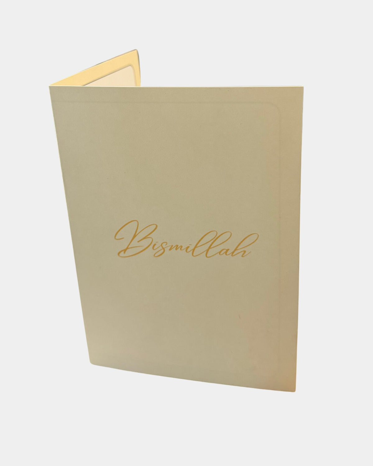 Carte de vœux Bismillah, calligraphie dorée sur fond crème ivoire uni, intérieur vierge à personnaliser
