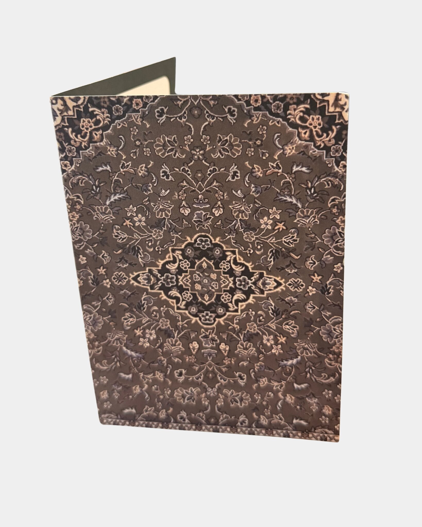 Carte de vœux au motif de tapis oriental Rawda, arabesques florales beige et taupe, intérieur vierge à personnaliser