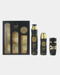 Coffret Asad Lattafa trois pièces : eau de parfum, déodorant parfumé 200 ml et désodorisant d'ambiance 300 ml, présentés avec leur étui noir et or