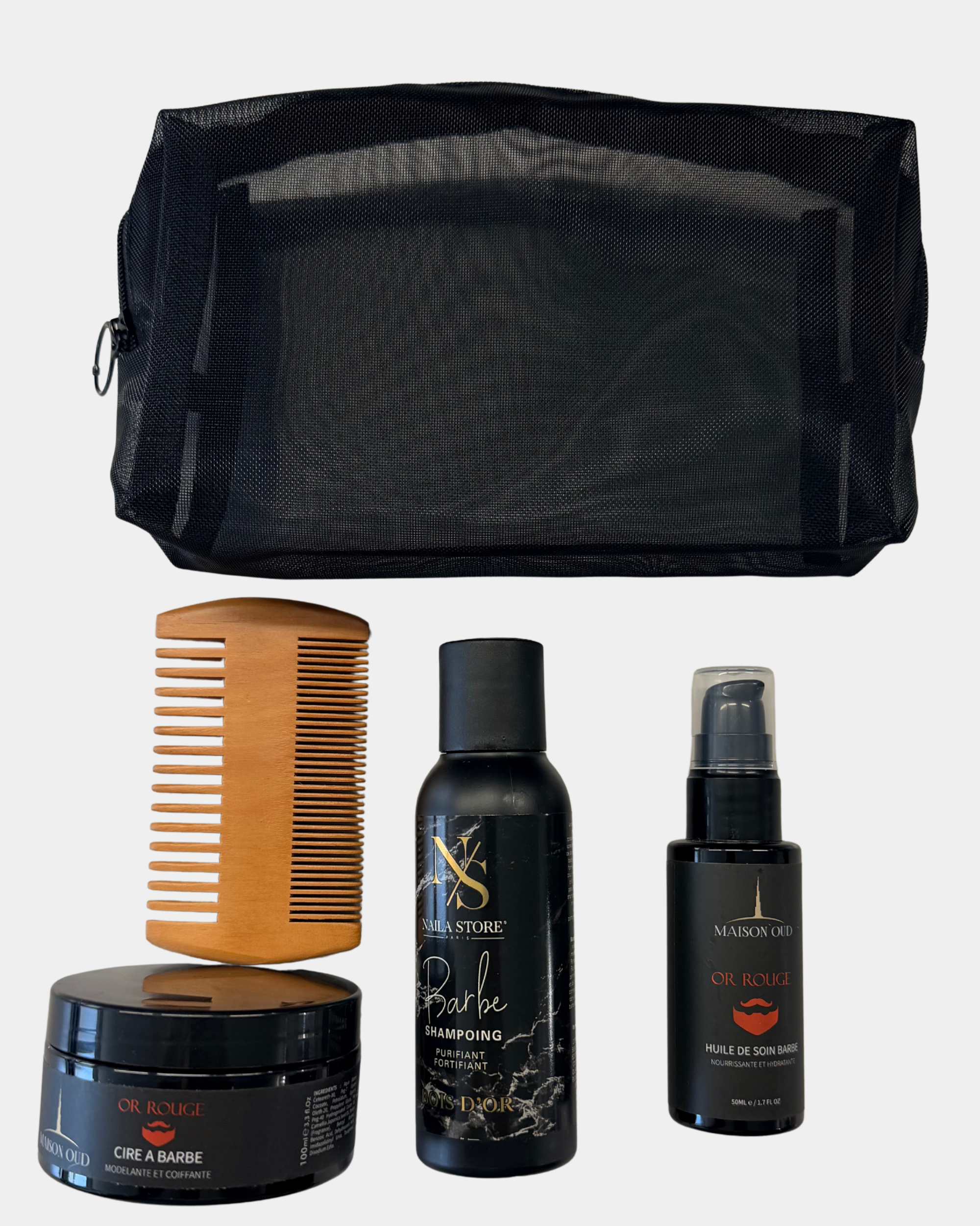Kit soin barbe : Huile + Cire + Shampoing Barbe + Peigne + Trousse - Bois d'Or Rouge