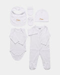 Coffret naissance 5 pièces personnalisé brodé : pyjama, body, bonnet, gants et bavoir en 100% coton blanc