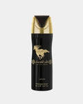 Déodorant parfumé Qaed Al Fursan Lattafa 200 ml, aérosol noir au cheval doré et capot bicolore or