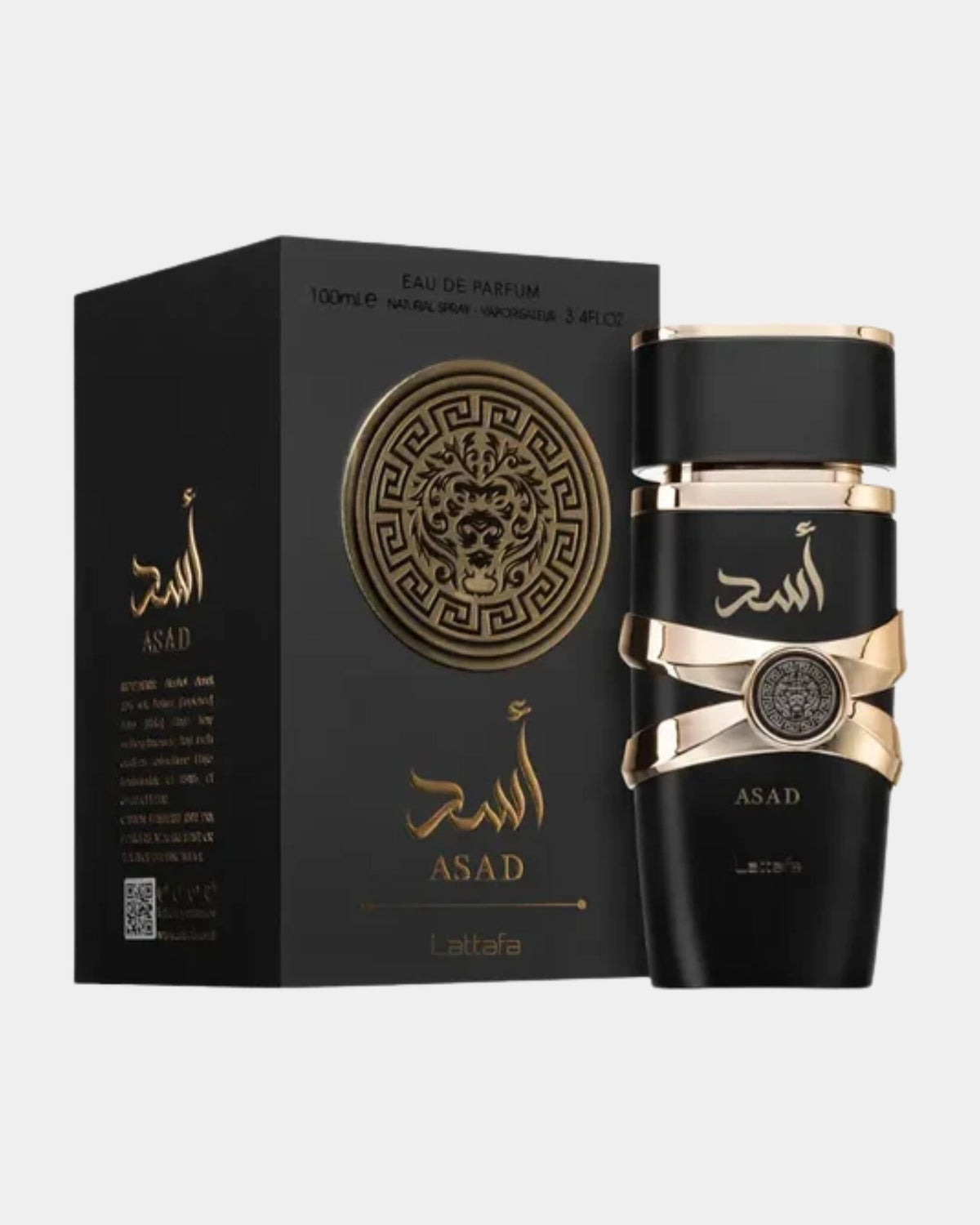 Eau de parfum Asad Lattafa 100 ml, flacon noir mat ceinturé de bandes dorées et médaillon au lion, présenté avec son étui noir et or