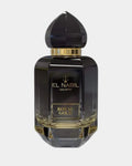 Flacon d'eau de parfum Royal Gold El Nabil, verre noir facetté à dégradé doré, bouchon sculpté en pointe et collerette dorée