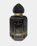 Flacon d'eau de parfum Royal Gold El Nabil, verre noir facetté à dégradé doré, bouchon sculpté en pointe et collerette dorée