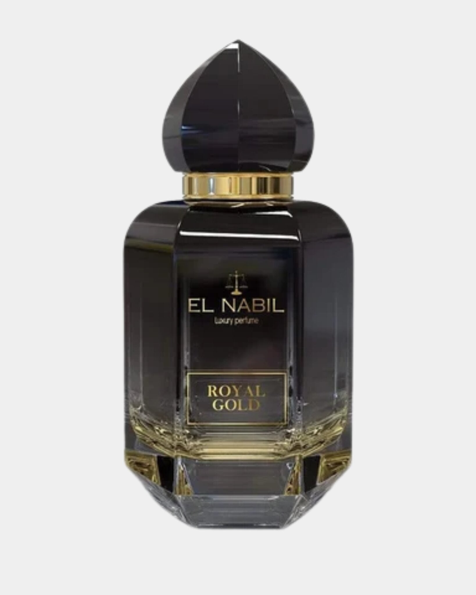 Flacon d'eau de parfum Royal Gold El Nabil, verre noir facetté à dégradé doré, bouchon sculpté en pointe et collerette dorée