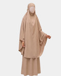 Ensemble de prière jilbab compact camel Rawdaya, porté, coupe couvrante deux pièces