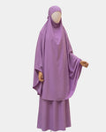 Ensemble de prière jilbab compact lilas Rawdaya, porté, coupe couvrante deux pièces