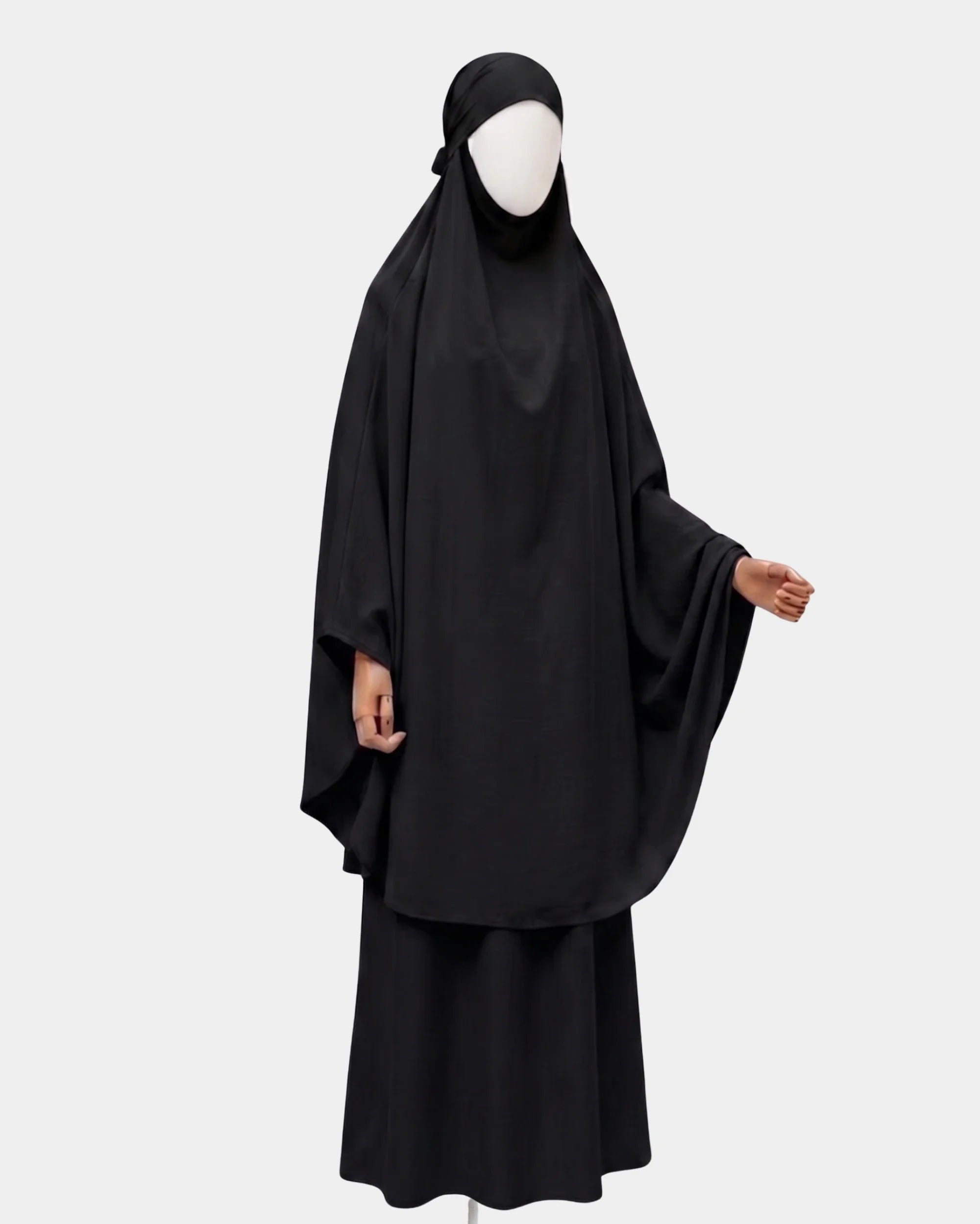 Ensemble de prière jilbab compact noir Rawdaya, porté, coupe couvrante deux pièces
