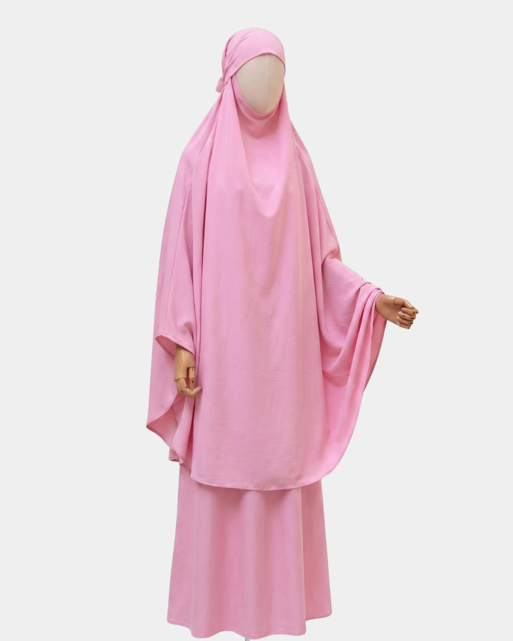 Ensemble de prière jilbab compact rose Rawdaya, porté, coupe couvrante deux pièces