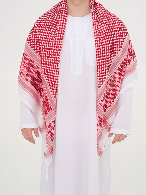 keffieh saoudien rouge à carreau avec pompom face