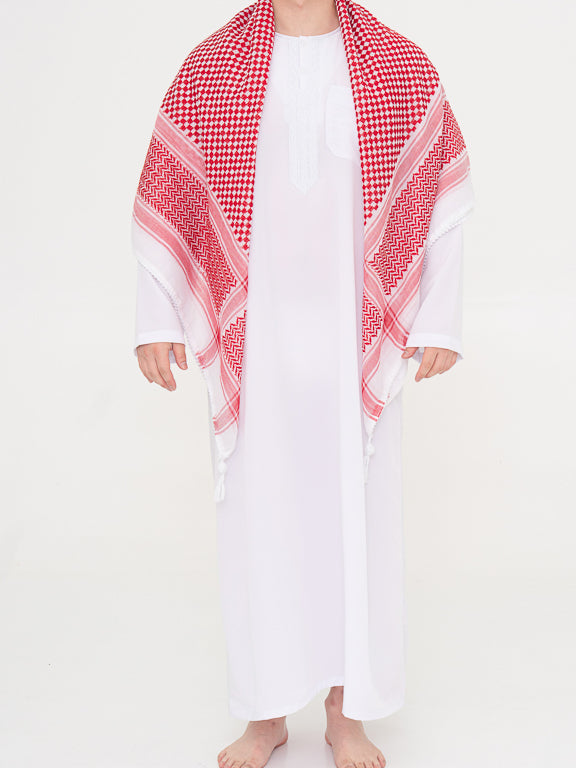 keffieh saoudien rouge à carreau avec pompom de face