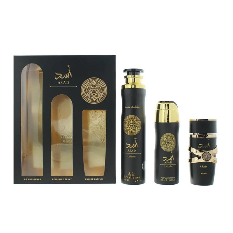 Coffret cadeau Asad 3 pièces - Eau de Parfum + Spray Parfumé + Air Freshener - Lattafa