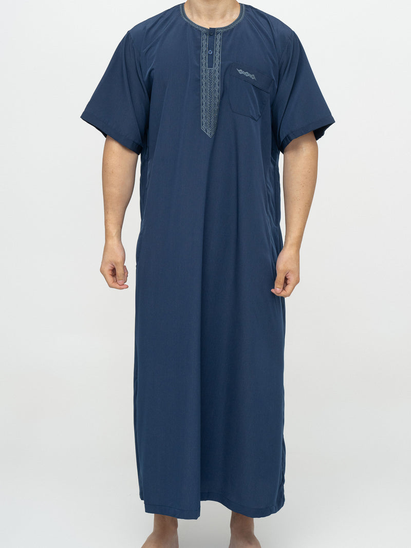 Navy blue Moroccan Short Sleeve Thobe Premium - Al Emad