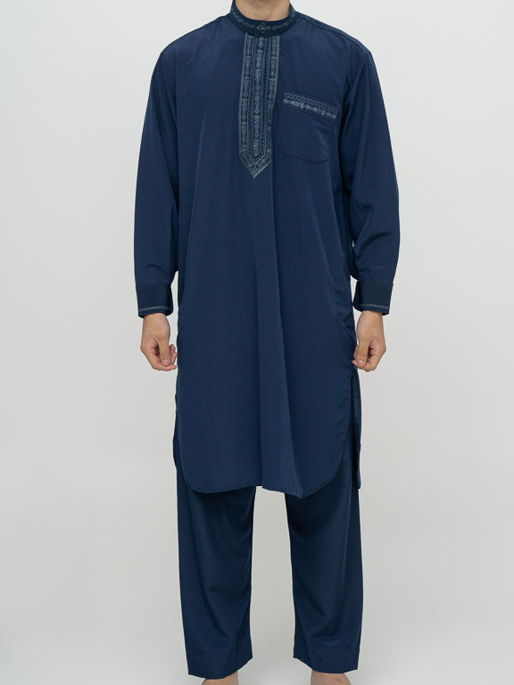 Ensemble Qamis Pakistanais bleu marine Premium - Al Emad