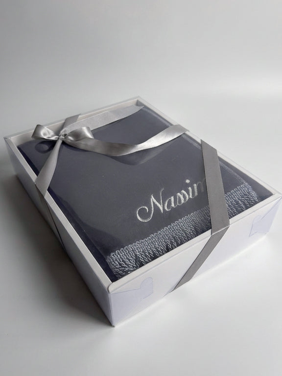 tapis de prière velours gris avec coffret cadeau