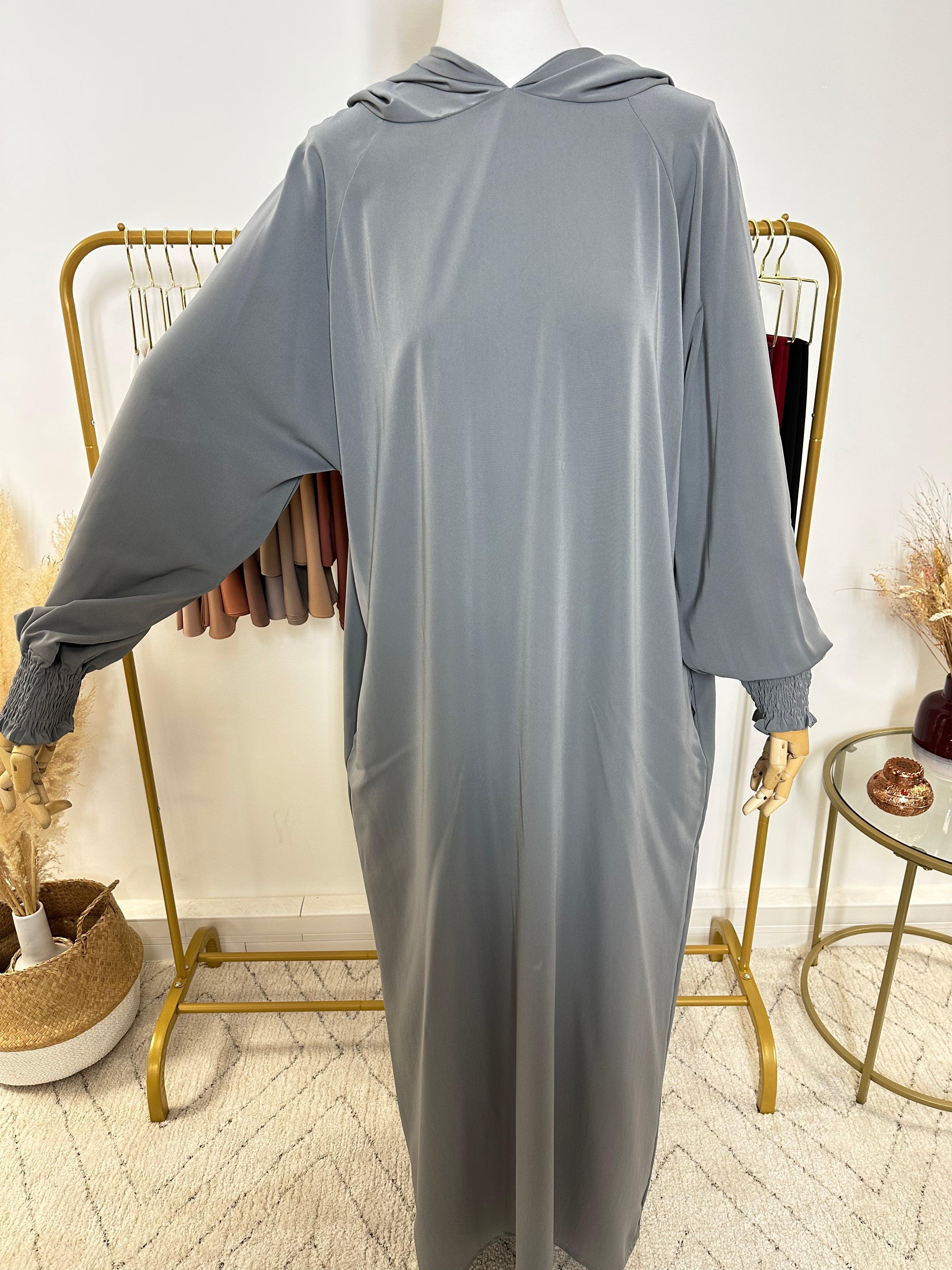 Abaya avec hijab intégré en Soie de Médine - Gris - My Qamis Homme