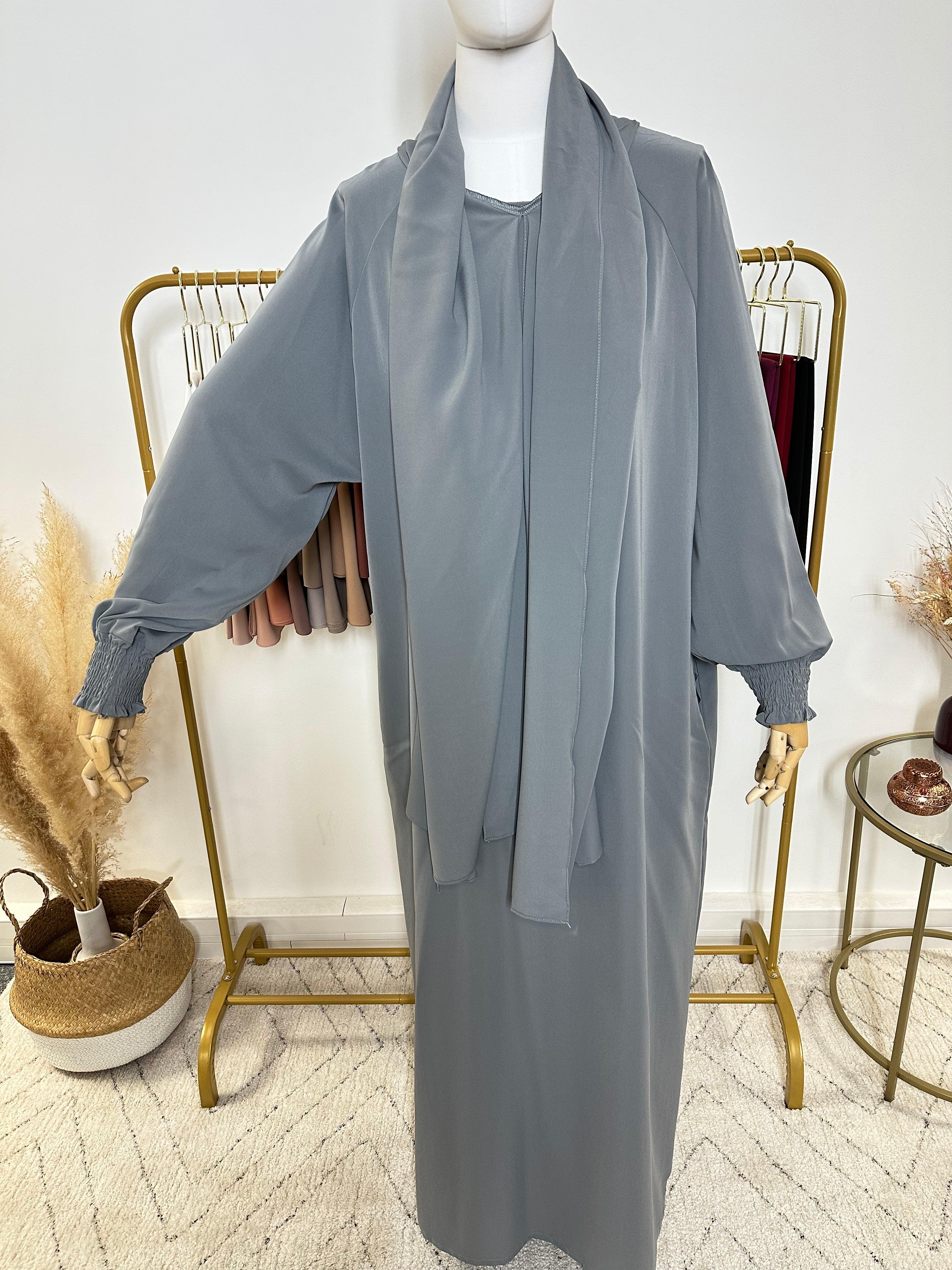 Abaya avec hijab intégré en Soie de Médine - Gris - My Qamis Homme