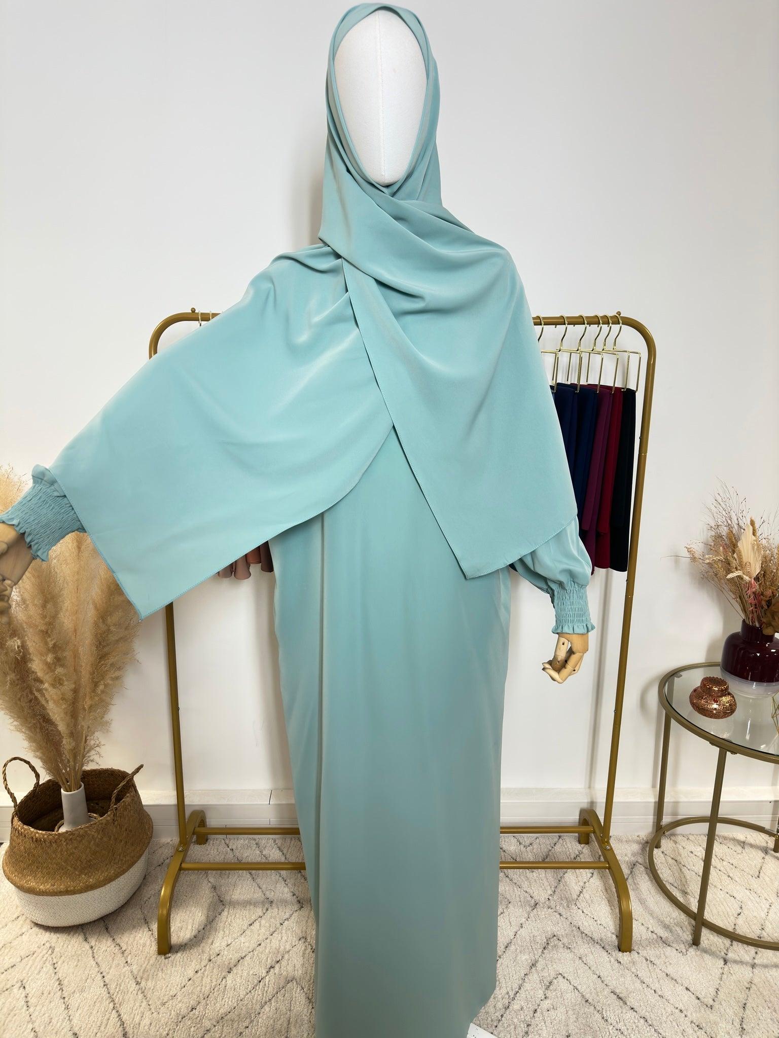 Abaya avec hijab intégré en Soie de Médine - Turquoise - My Qamis Homme