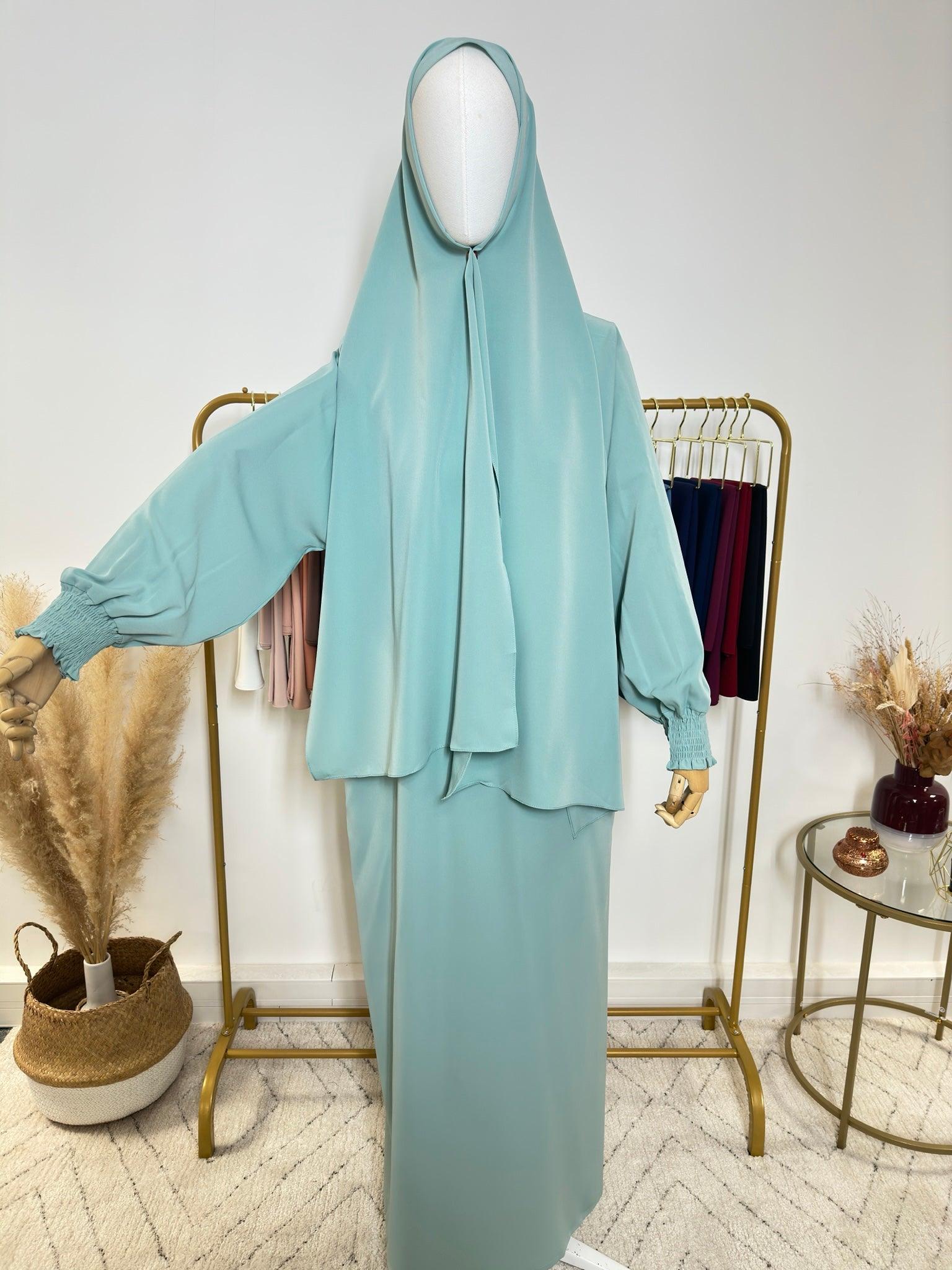 Abaya avec hijab intégré en Soie de Médine - Turquoise - My Qamis Homme