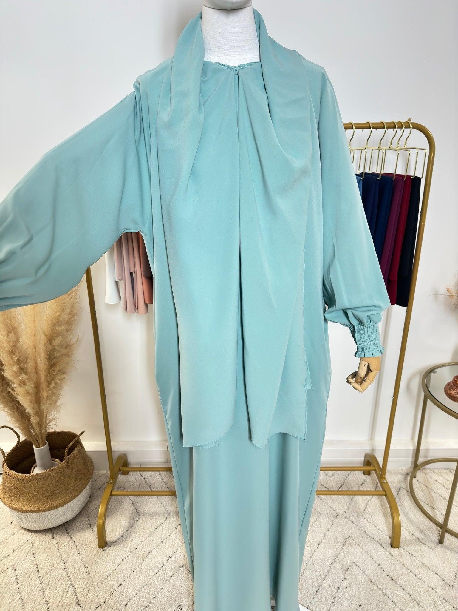 Abaya avec hijab intégré en Soie de Médine - Turquoise - My Qamis Homme
