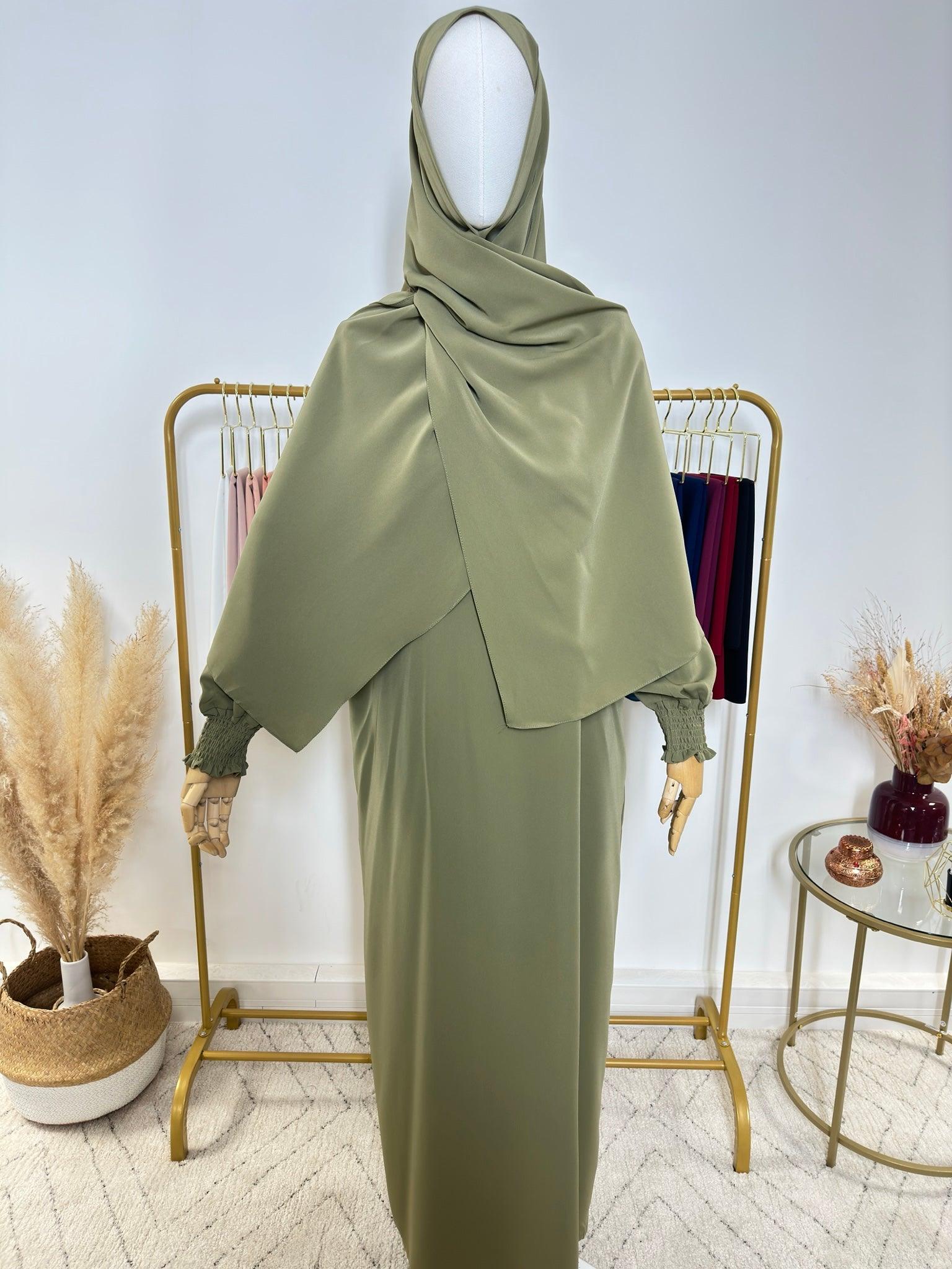 Abaya avec hijab intégré en Soie de Médine - Vert Kaki - My Qamis Homme