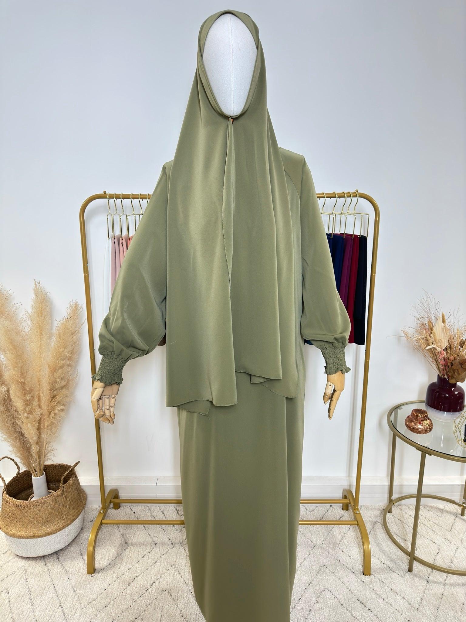 Abaya avec hijab intégré en Soie de Médine - Vert Kaki - My Qamis Homme