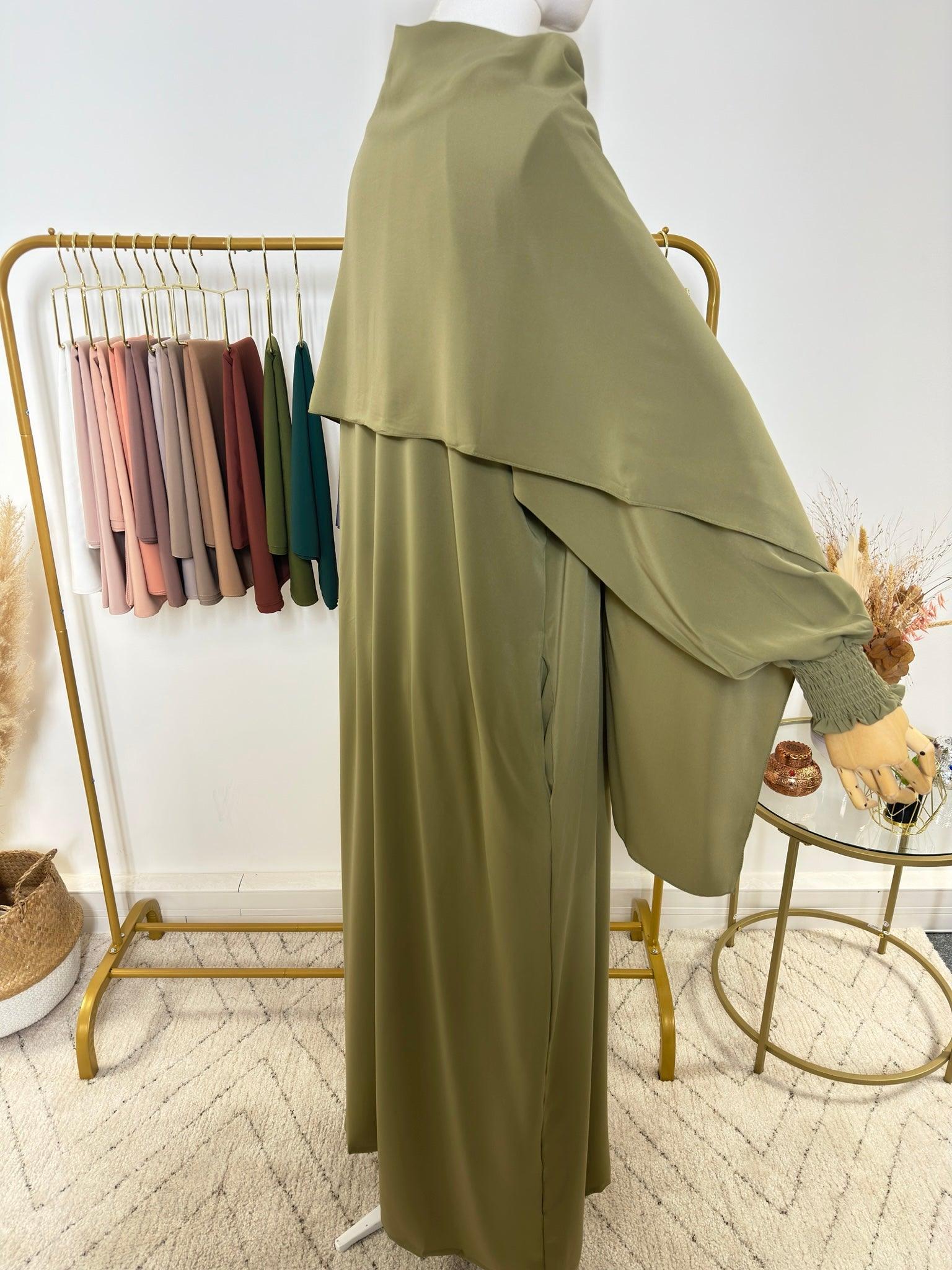Abaya avec hijab intégré en Soie de Médine - Vert Kaki - My Qamis Homme