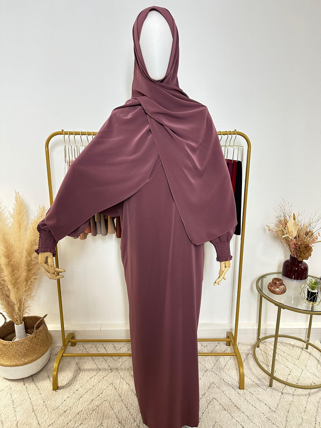 Abaya avec hijab intégré en Soie de Médine - Violet - My Qamis Homme