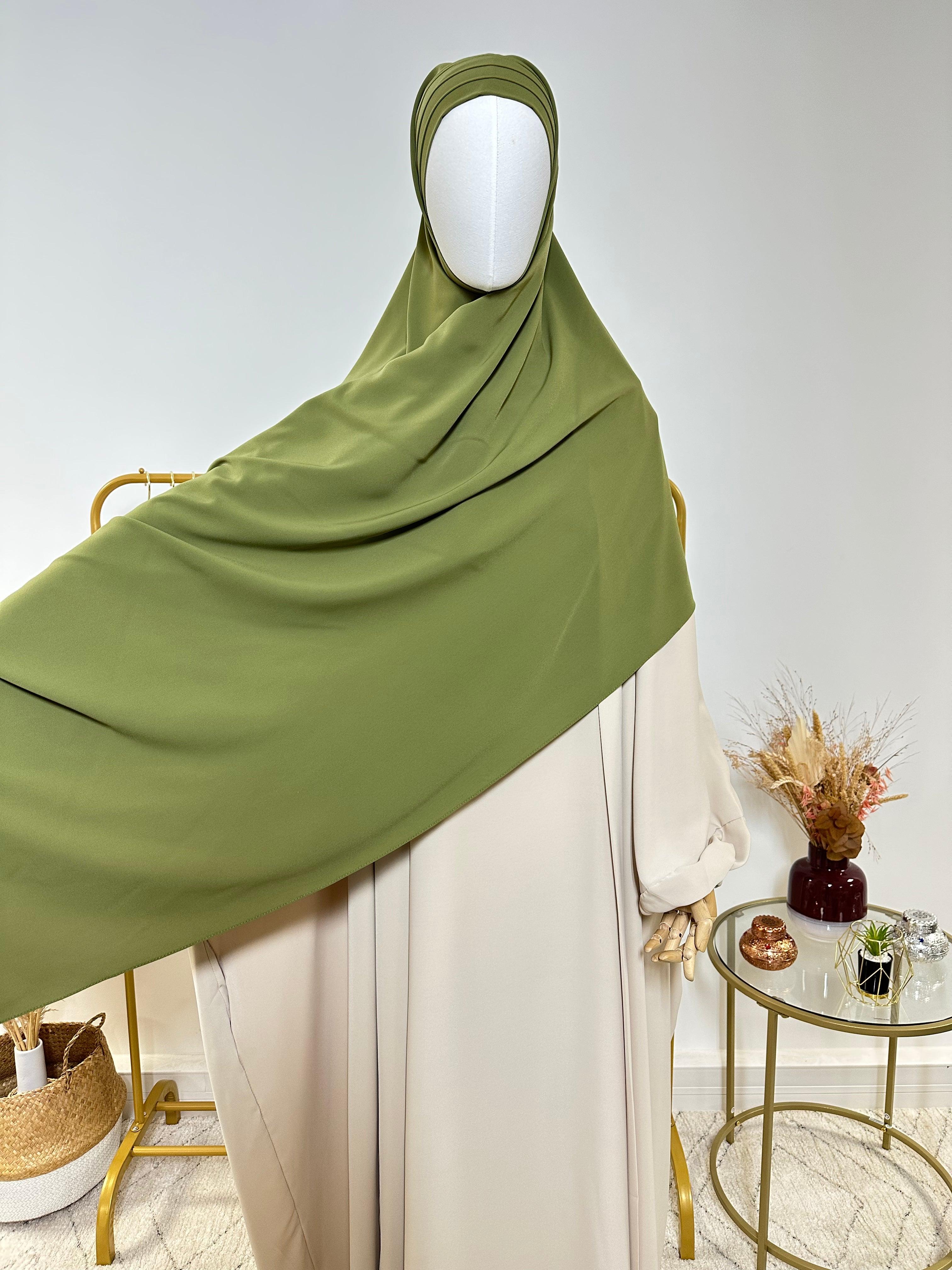 Hijab 3 plis avec bandeau intégré - Hijab en Soie de Médine - Vert Kaki - My Qamis Homme