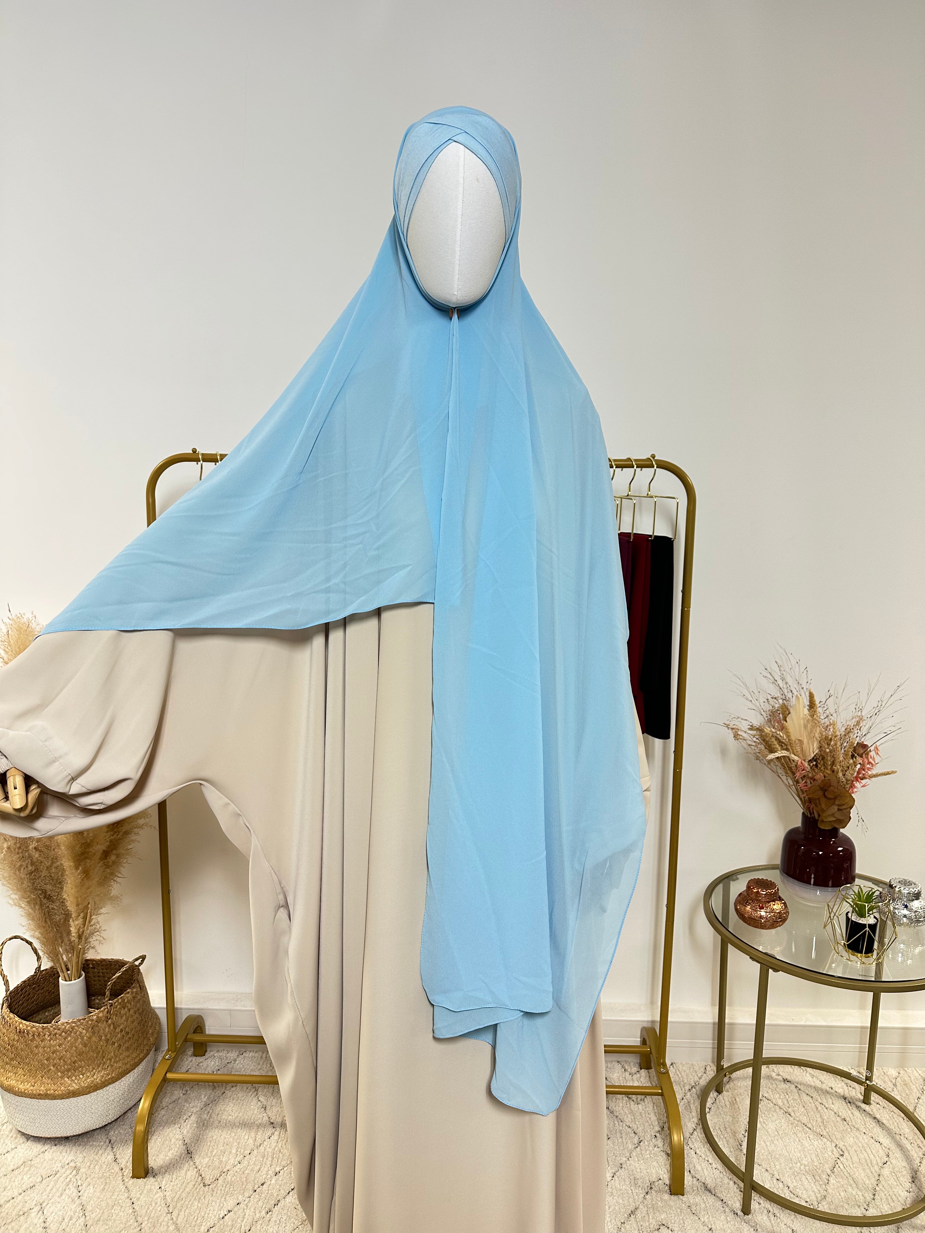 Hijab Mousseline - Hijab à enfiler avec bonnet croisé intégré - Bleu Clair - My Qamis Homme
