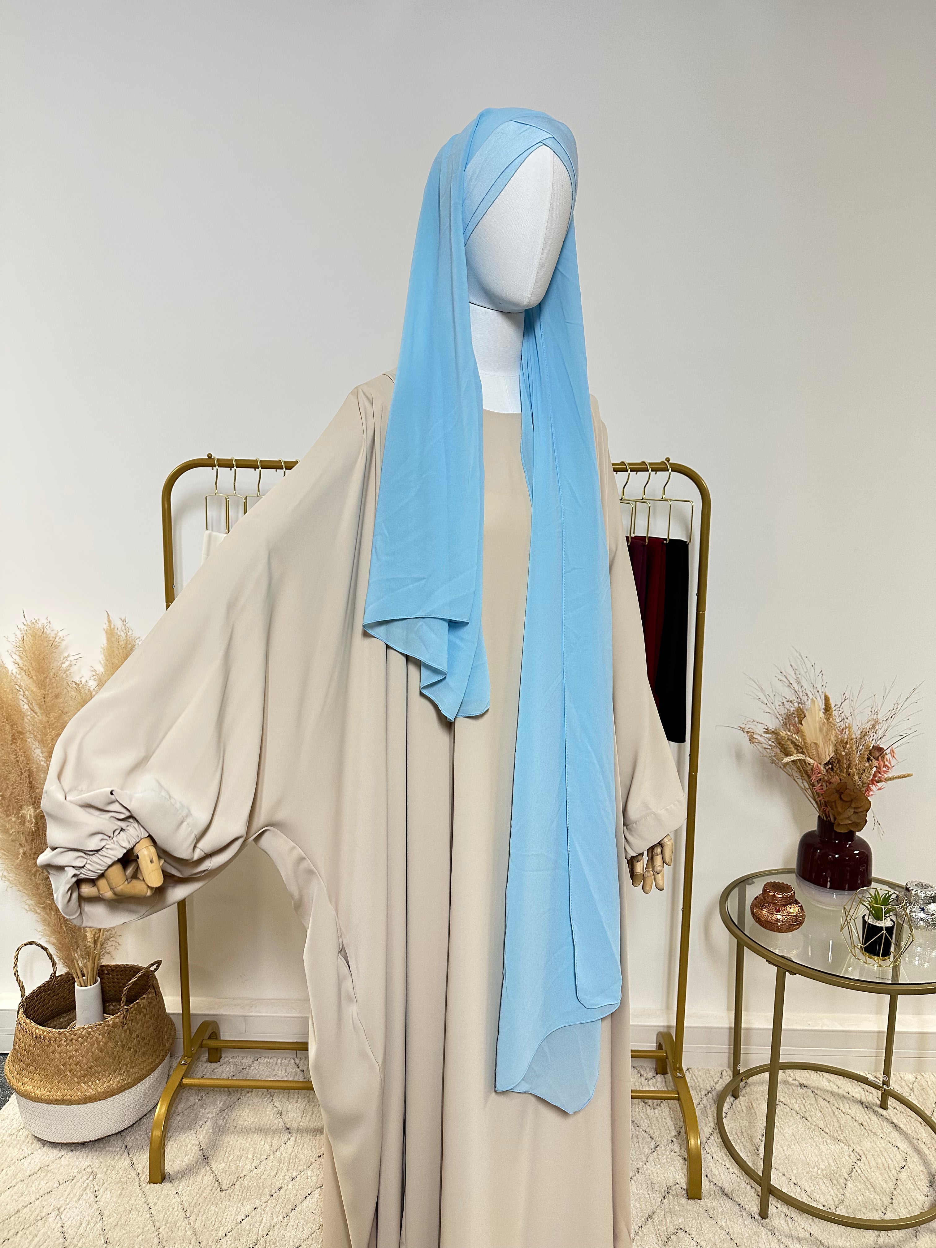 Hijab Mousseline - Hijab à enfiler avec bonnet croisé intégré - Bleu Clair - My Qamis Homme