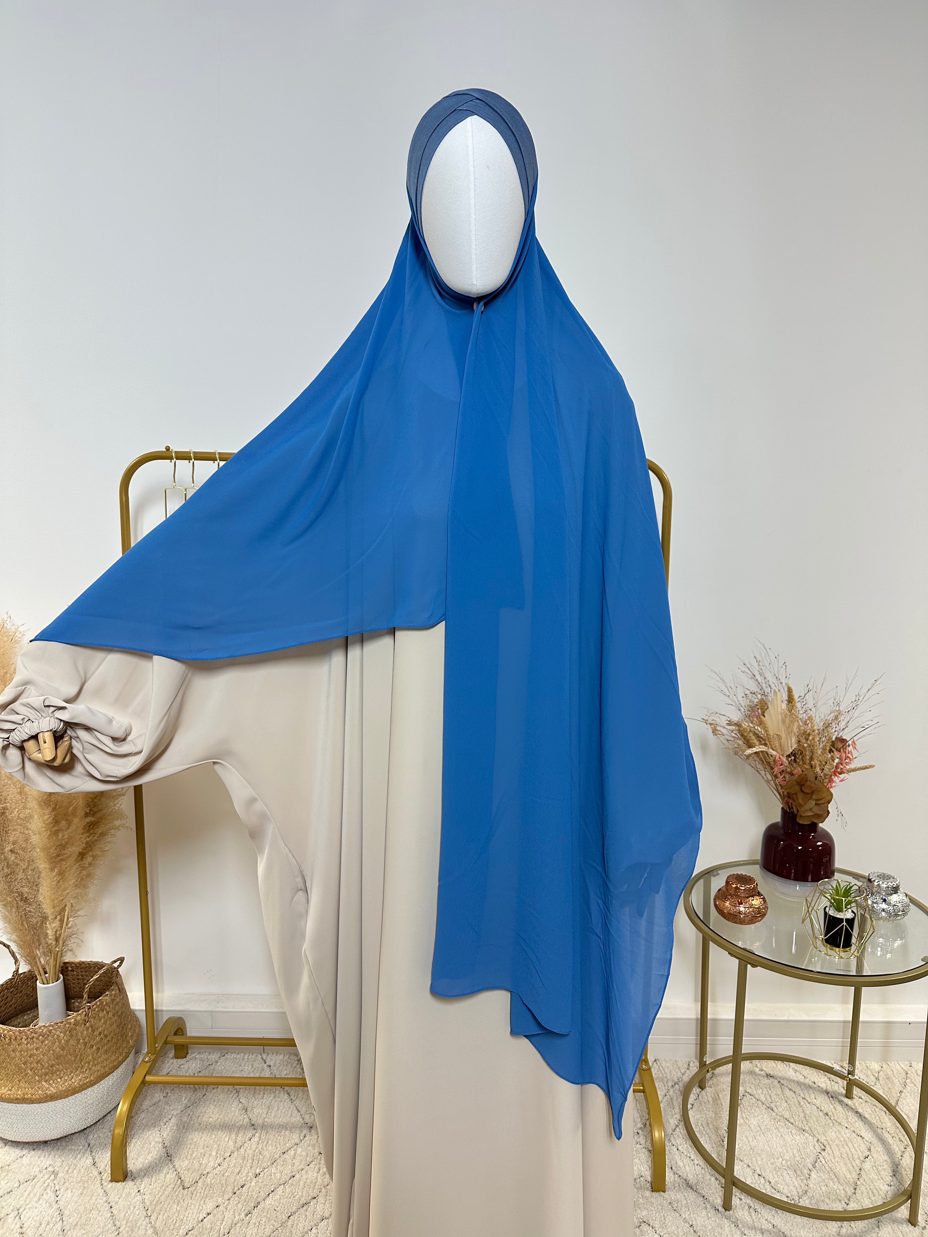 Hijab Mousseline - Hijab à enfiler avec bonnet croisé intégré - Bleu - My Qamis Homme