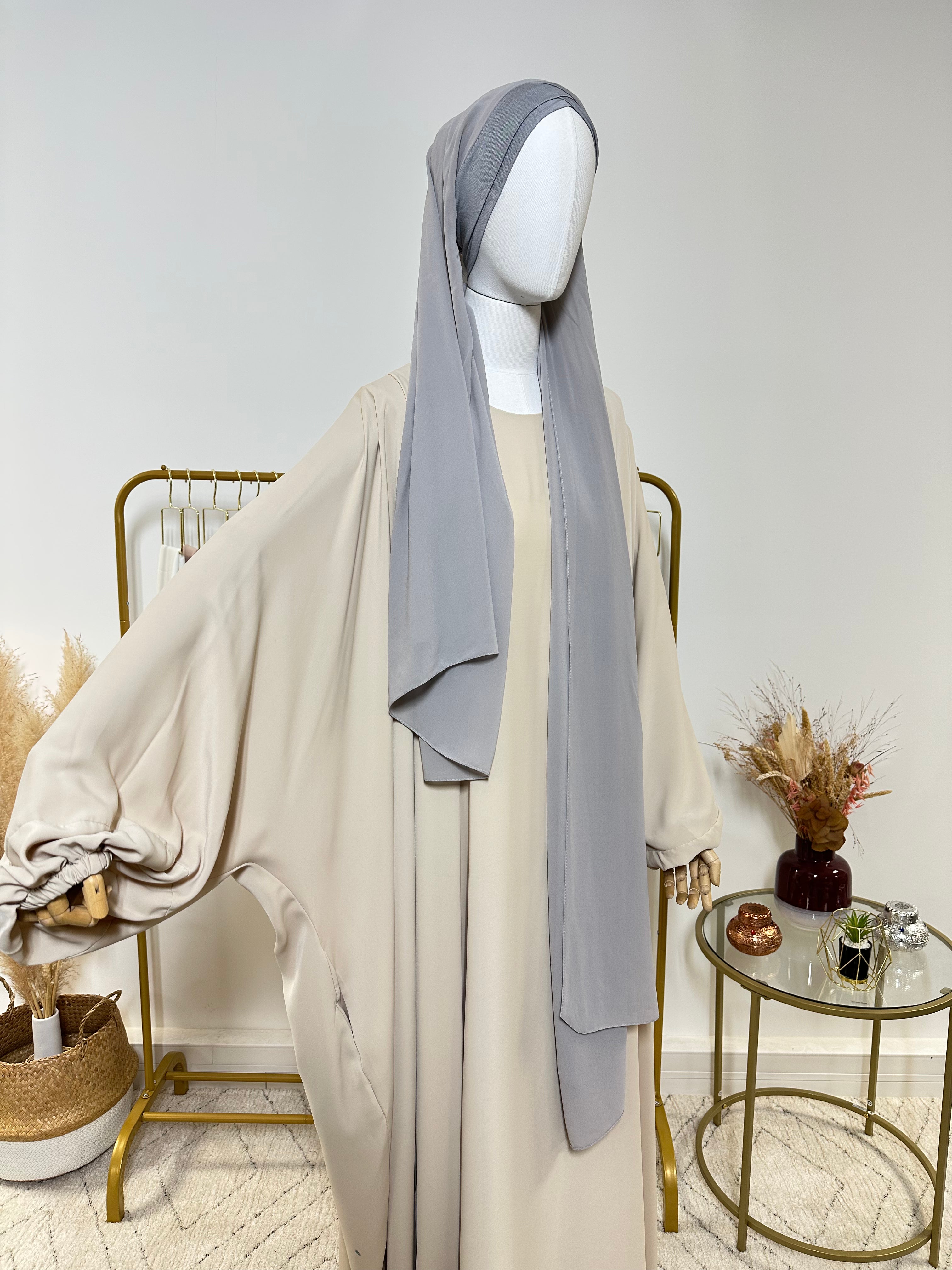 Hijab Mousseline - Hijab à enfiler avec bonnet croisé intégré - Gris Clair - My Qamis Homme