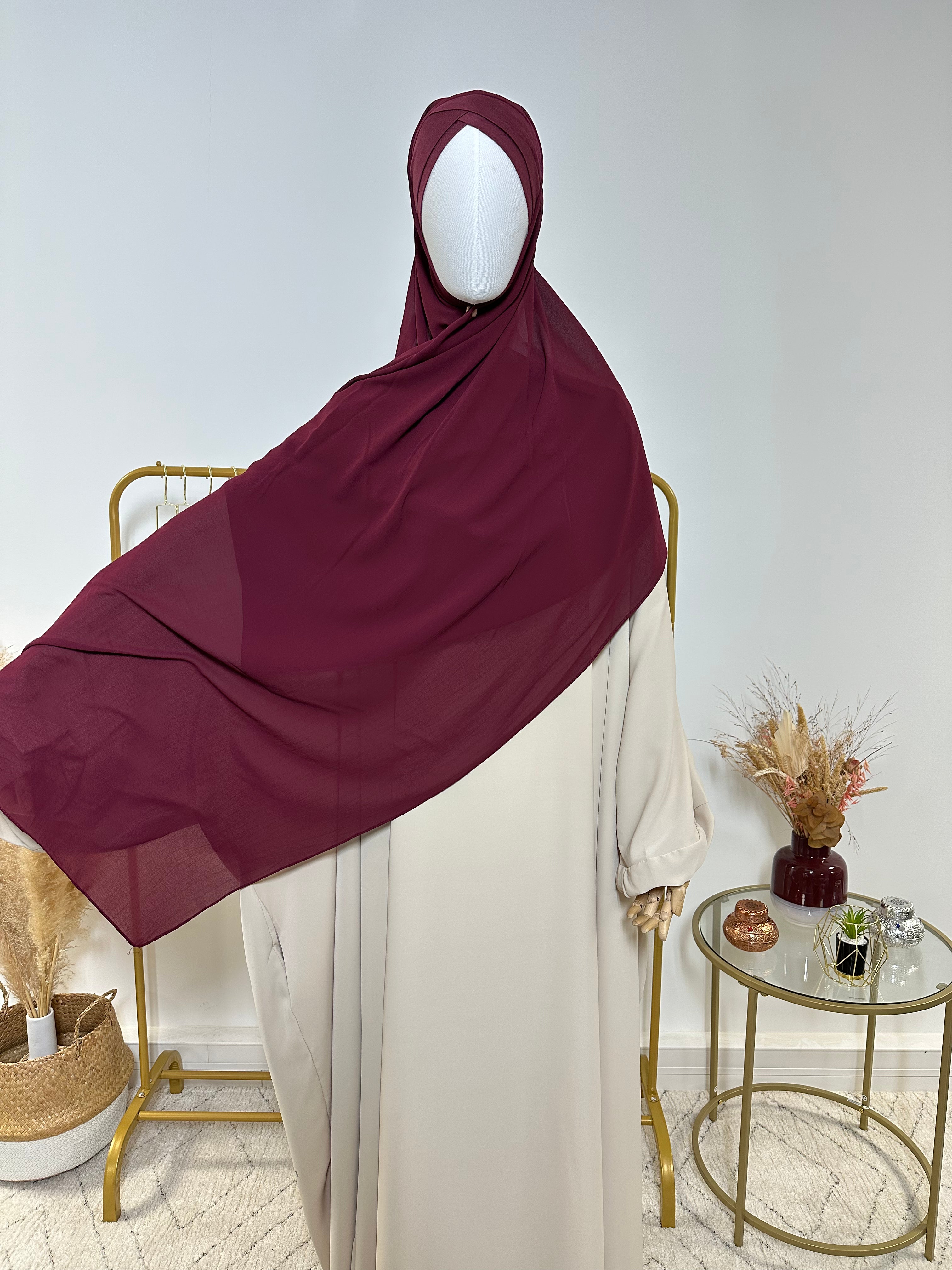 Hijab Mousseline - Hijab à enfiler avec bonnet croisé intégré - Rouge Bordeaux - My Qamis Homme