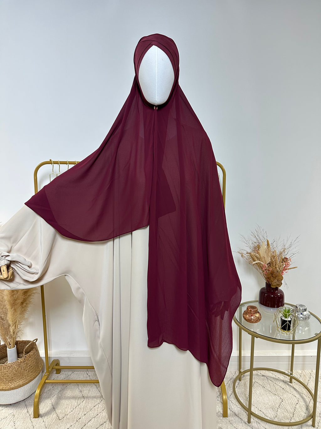 Hijab Mousseline - Hijab à enfiler avec bonnet croisé intégré - Rouge Bordeaux - My Qamis Homme