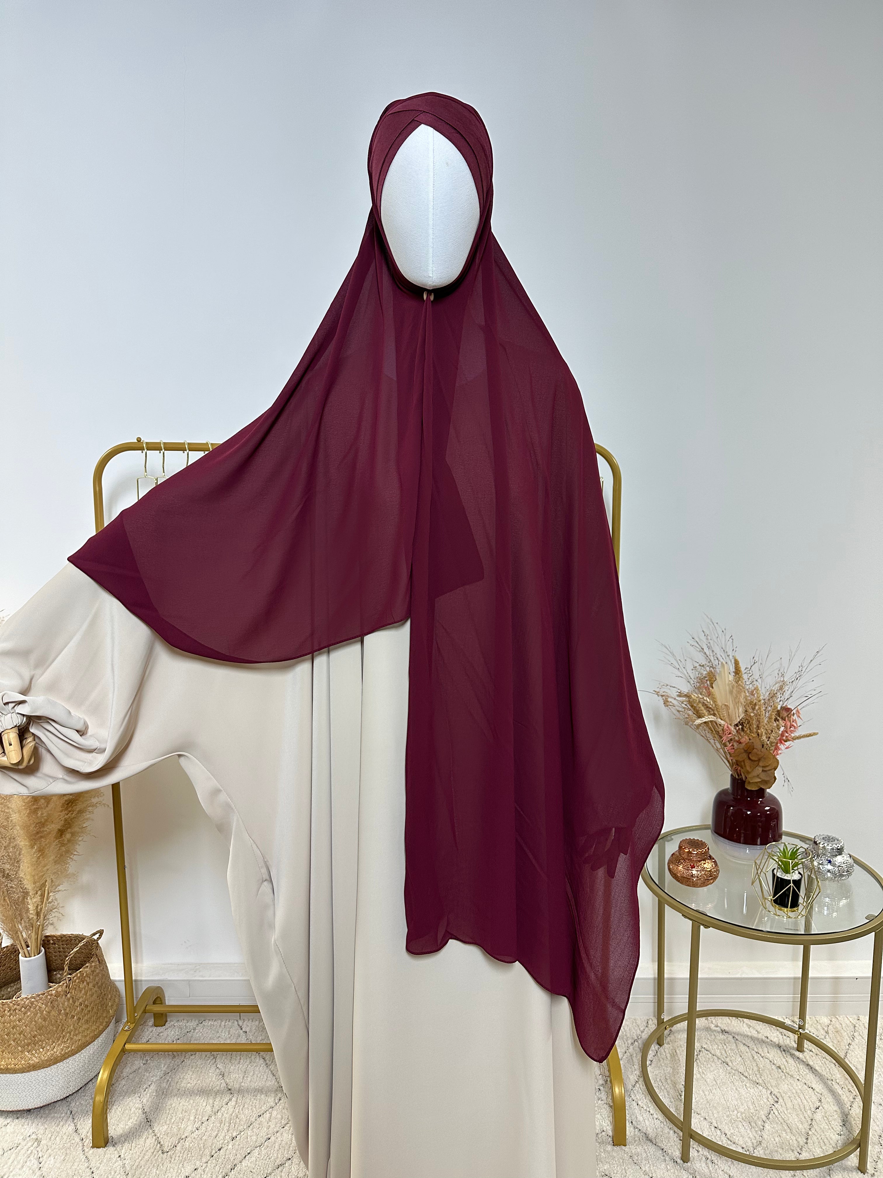 Hijab Mousseline - Hijab à enfiler avec bonnet croisé intégré - Rouge Bordeaux - My Qamis Homme
