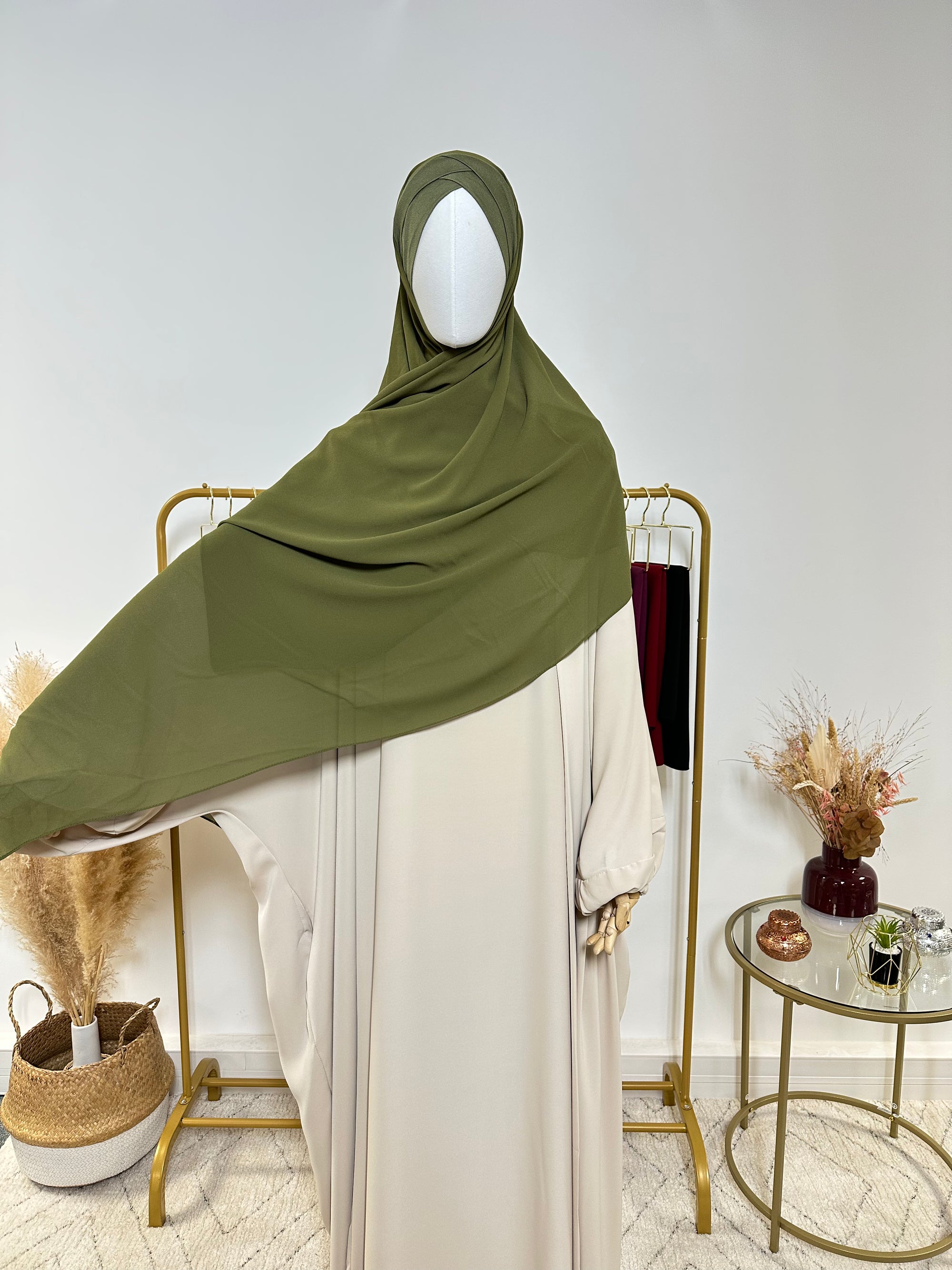 Hijab Mousseline - Hijab à enfiler avec bonnet croisé intégré - Vert Kaki - My Qamis Homme
