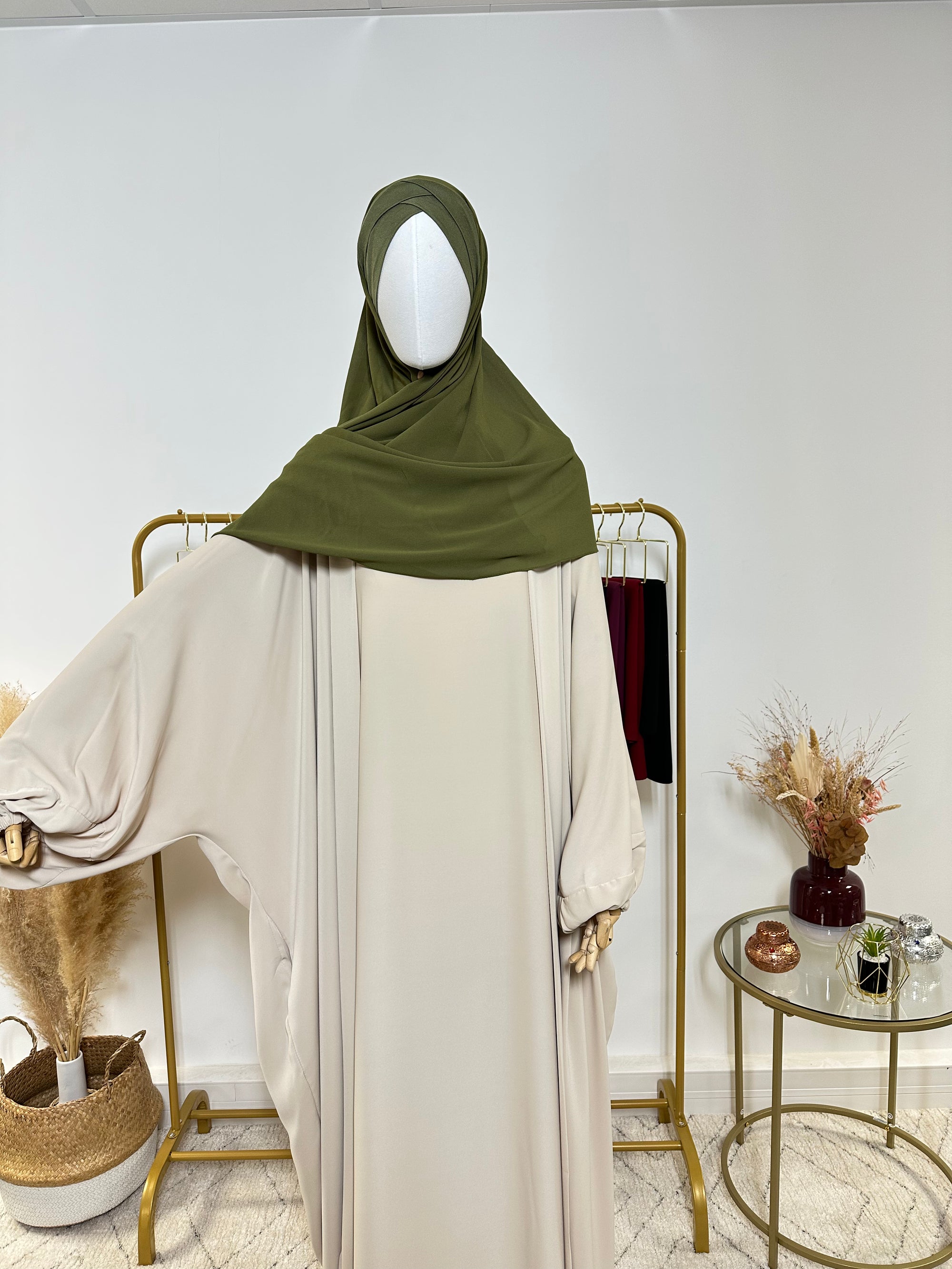 Hijab Mousseline - Hijab à enfiler avec bonnet croisé intégré - Vert Kaki - My Qamis Homme