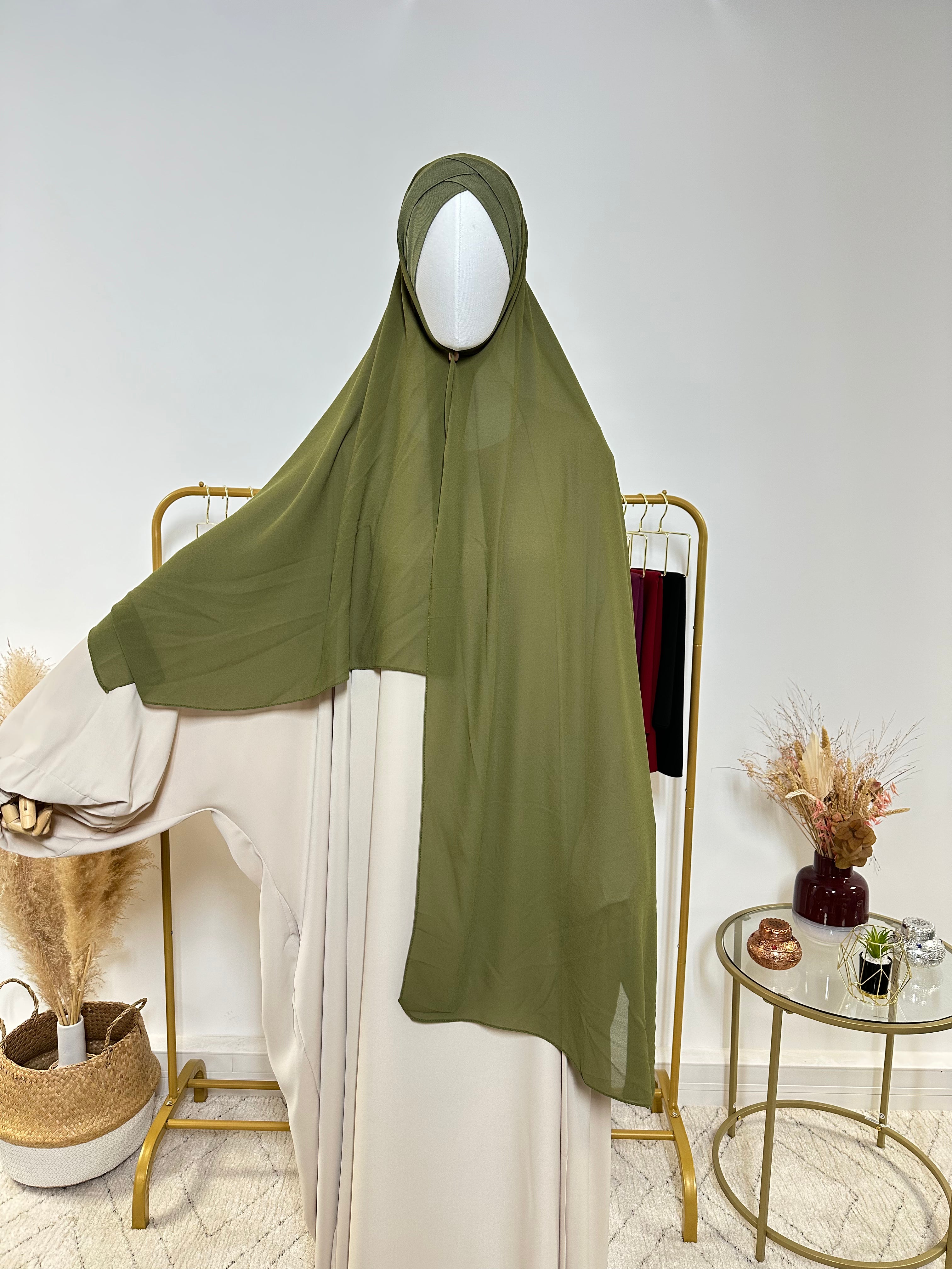 Hijab Mousseline - Hijab à enfiler avec bonnet croisé intégré - Vert Kaki - My Qamis Homme