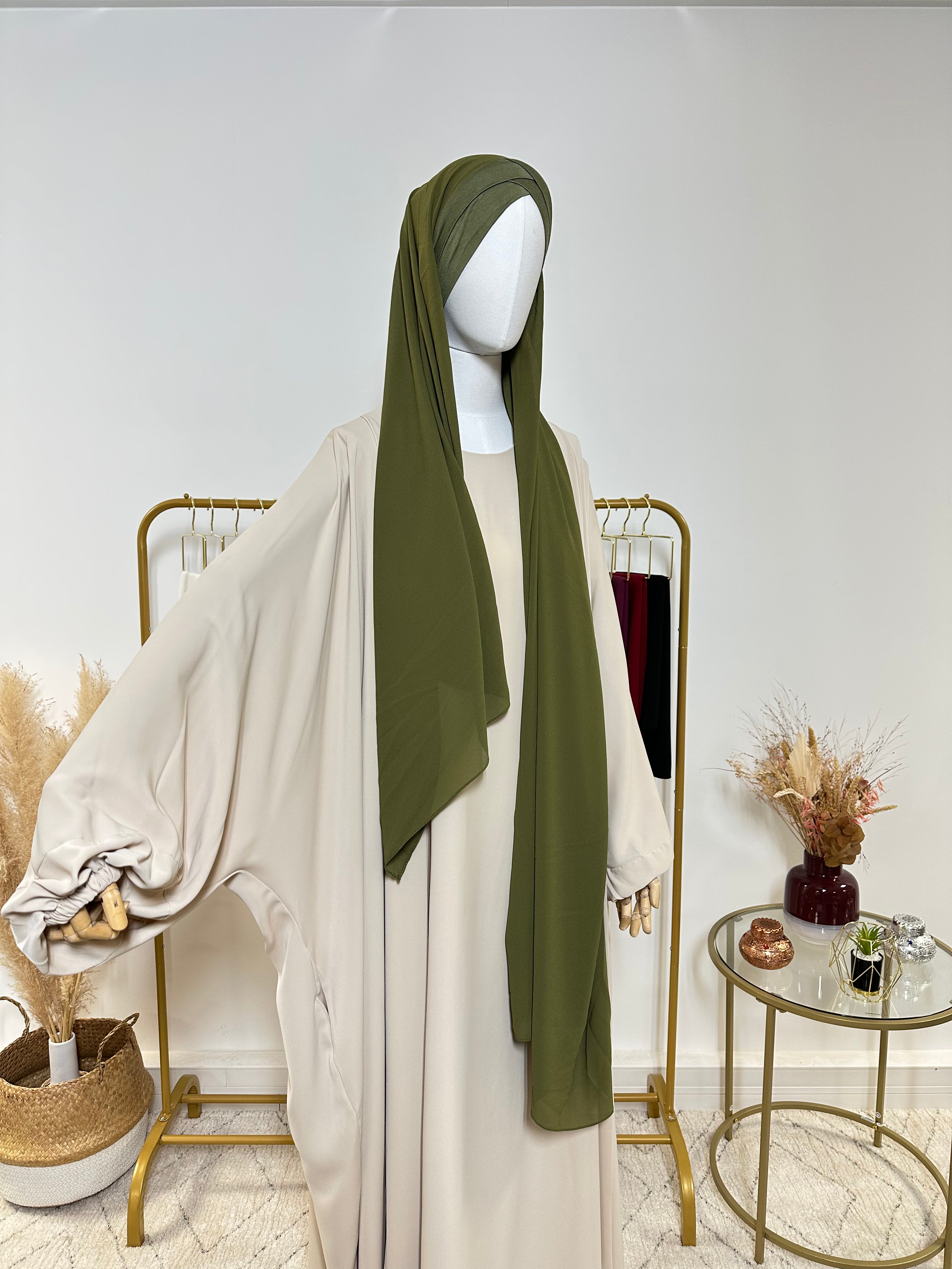 Hijab Mousseline - Hijab à enfiler avec bonnet croisé intégré - Vert Kaki - My Qamis Homme