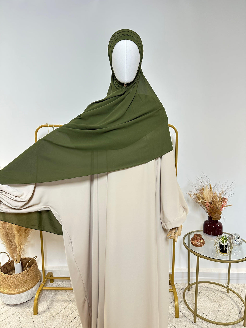 Hijab Mousseline - Hijab à enfiler avec bonnet en mousseline intégré - Vert Kaki - My Qamis Homme