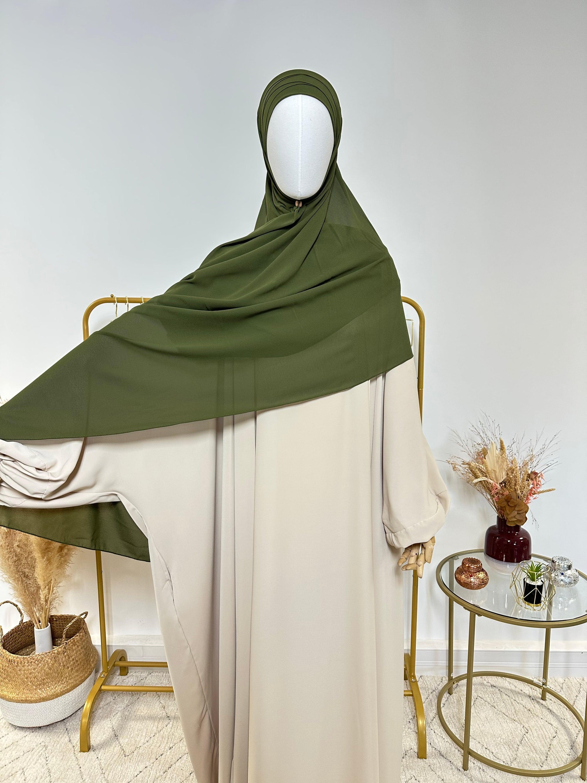 Hijab Mousseline - Hijab à enfiler avec bonnet en mousseline intégré - Vert Kaki - My Qamis Homme