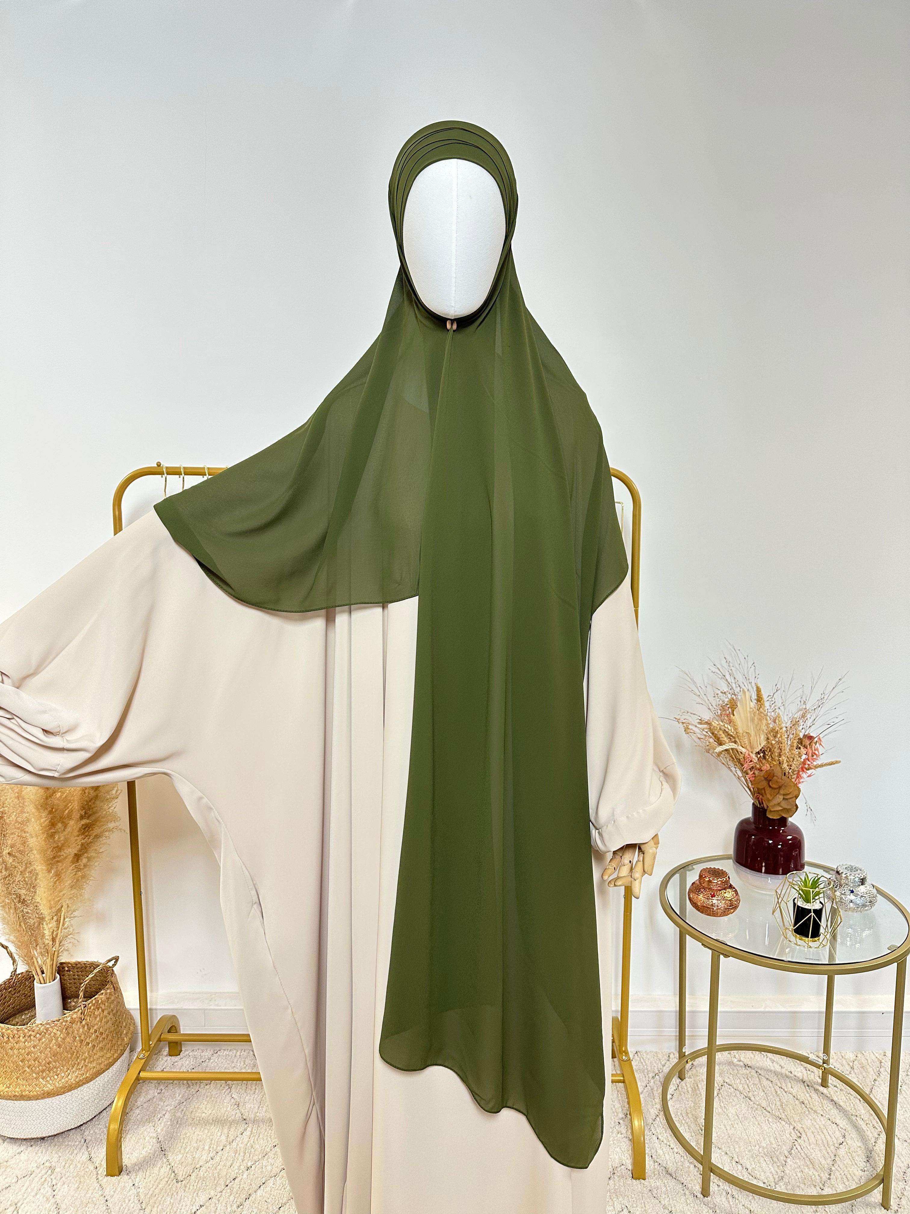 Hijab Mousseline - Hijab à enfiler avec bonnet en mousseline intégré - Vert Kaki - My Qamis Homme