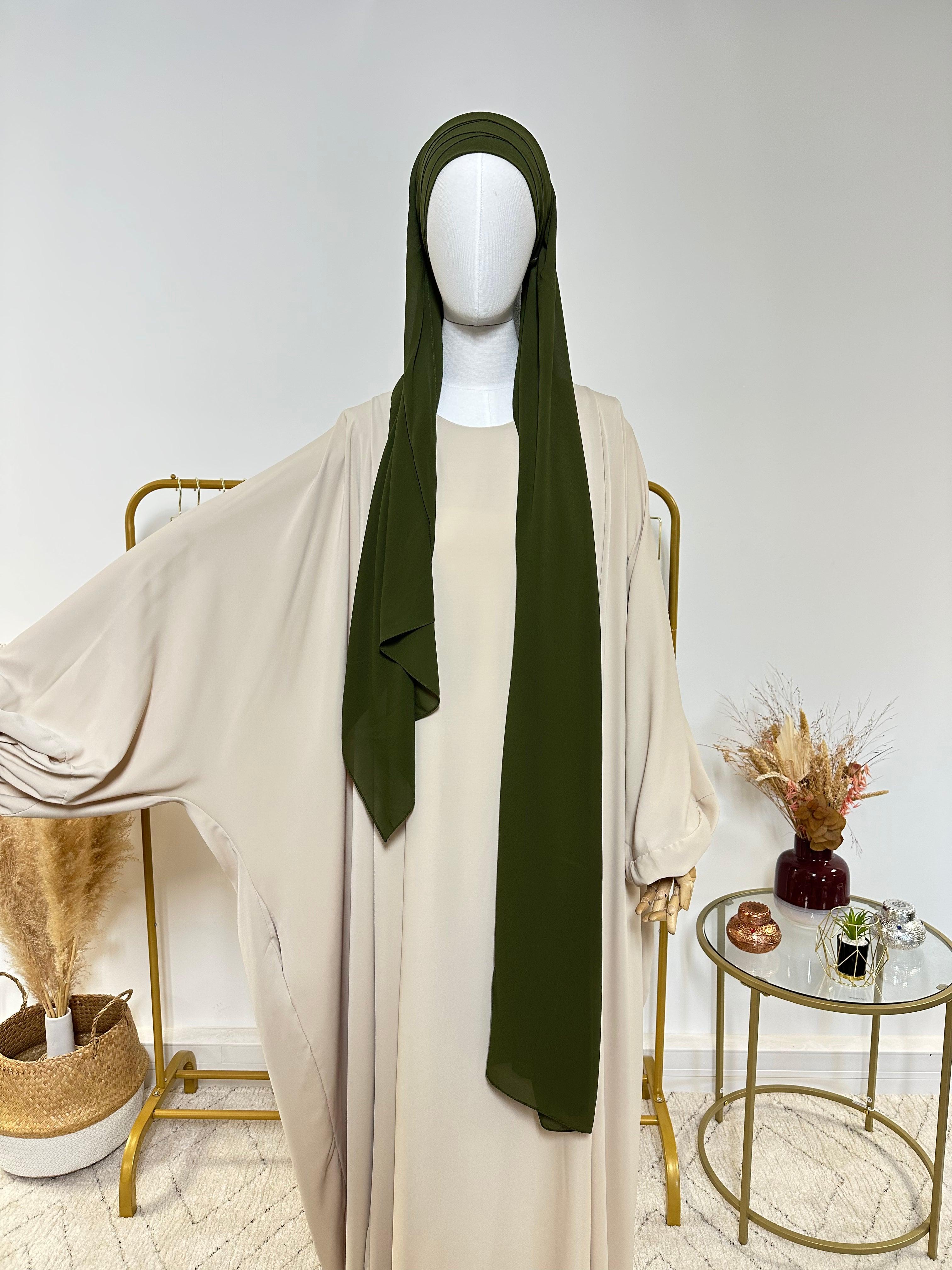 Hijab Mousseline - Hijab à enfiler avec bonnet en mousseline intégré - Vert Kaki - My Qamis Homme