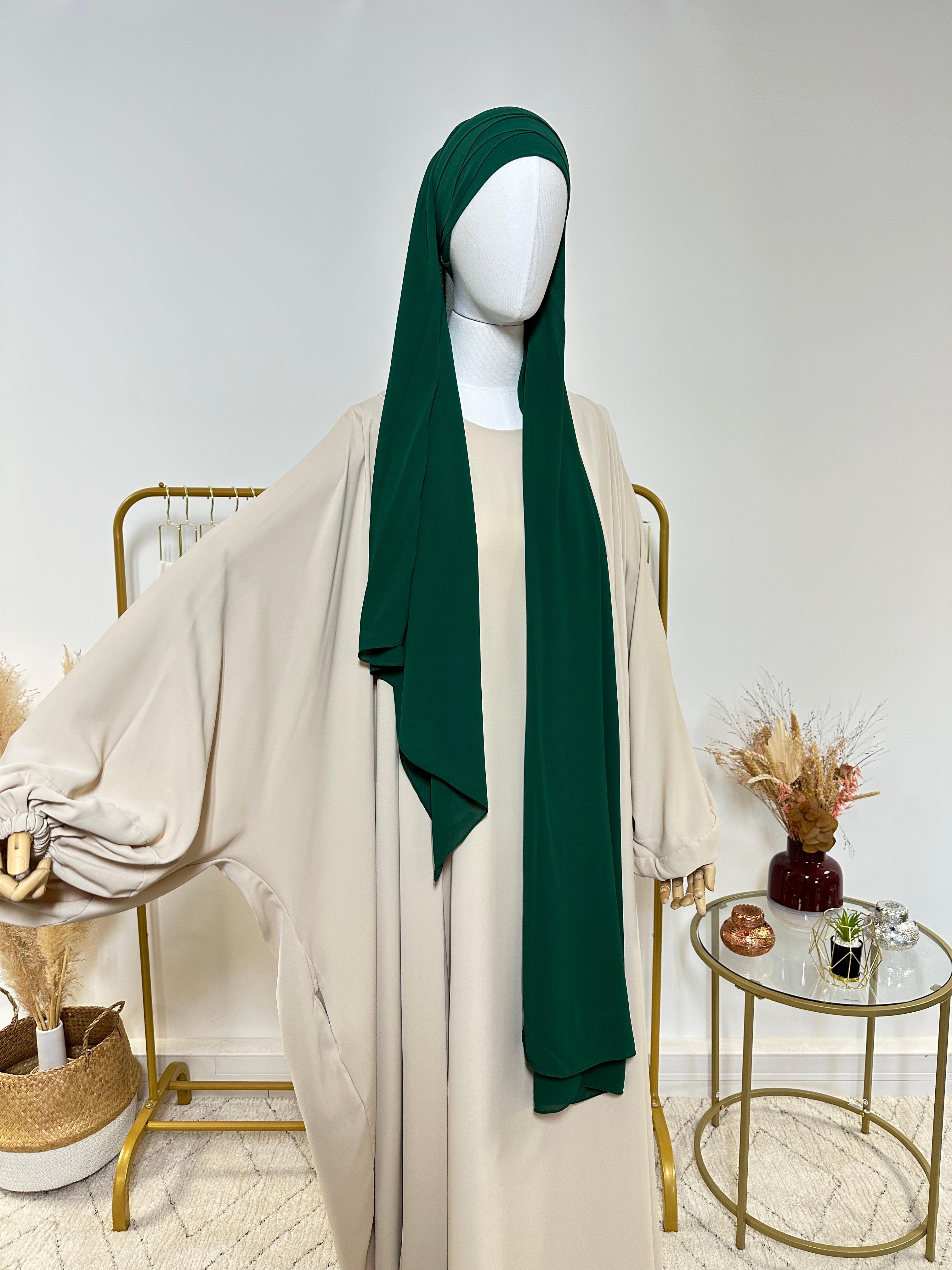 Hijab Mousseline - Hijab à enfiler avec bonnet en mousseline intégré - Vert Sapin - My Qamis Homme